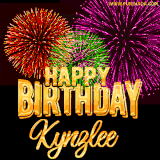A golden 'Happy Birthday Kynzlee' message with vibrant fireworks in the background, creating a festive and celebratory vibe in this animated name GIF.