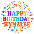 Happy Birthday Kynzlee' GIF with rainbow-colored letters, colorful stars, and fireworks on white background.