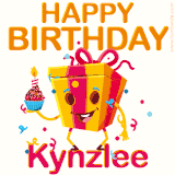 A vibrant and funny gift box character with a happy face dancing with a cupcake and the text 'Happy Birthday Kynzlee,' surrounded by animated confetti and party vibes.
