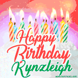 Bright birthday candles with rainbow flames on a cake, alongside the text 'Happy Birthday Kynzleigh' in vibrant script in this celebratory animated GIF.