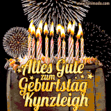 A chocolate birthday cake with glowing candles, the German text 'Alles Gute zum Geburtstag Kynzleigh,' and vibrant fireworks lighting up the background in an animated GIF.