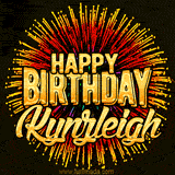 Golden 'Happy Birthday Kynzleigh' text accompanied by animated rainbow fireworks for a festive animated greeting.