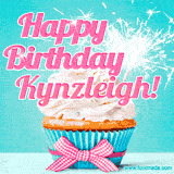 A festive cupcake with pink icing, a gingham bow, and a lit animated sparkler, paired with 'Happy Birthday Kynzleigh!' in bright pink text.