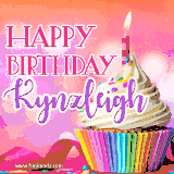 A vibrant birthday GIF featuring a rainbow-colored cupcake topped with white frosting, sprinkles, and a lit candle. The text reads 'Happy Birthday Kynzleigh' in bold pink and violet letters with white outline.
