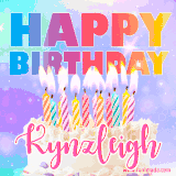A vibrant animated name GIF with the words 'Happy Birthday Kynzleigh' with colorful candles on a creamy cake. The background sparkles with pastel shades, adding a festive touch.