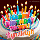 A colorful birthday cake topped with lit candles, with the words 'Happy Birthday Kynzleigh' in bold glowing letters on a burgundy background. Animated flames add a festive touch.