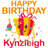 A vibrant and funny gift box character with a happy face dancing with a cupcake and the text 'Happy Birthday Kynzleigh,' surrounded by animated confetti and party vibes.