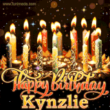 A glowing personalized birthday GIF with name Kynzlie featuring lit candles with intricate designs, warm lighting, and the text 'Happy Birthday' in an elegant font.