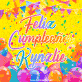 A bright and festive GIF with the text 'Feliz Cumpleaños Kynzlie' in Spanish in colorful fonts, surrounded by confetti, balloons, and festive banners on a vibrant yellow background.