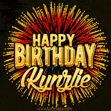 Golden 'Happy Birthday Kynzlie' text accompanied by animated rainbow fireworks for a festive animated greeting.