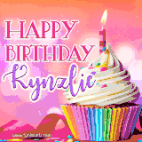 A vibrant birthday GIF featuring a rainbow-colored cupcake topped with white frosting, sprinkles, and a lit candle. The text reads 'Happy Birthday Kynzlie' in bold pink and violet letters with white outline.