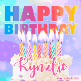 A vibrant animated name GIF with the words 'Happy Birthday Kynzlie' with colorful candles on a creamy cake. The background sparkles with pastel shades, adding a festive touch.