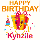 A vibrant and funny gift box character with a happy face dancing with a cupcake and the text 'Happy Birthday Kynzlie,' surrounded by animated confetti and party vibes.