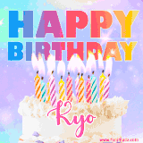 A vibrant animated name GIF with the words 'Happy Birthday Kyo' with colorful candles on a creamy cake. The background sparkles with pastel shades, adding a festive touch.
