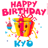 A vibrant and funny gift box character with a happy face dancing with a cupcake and the text 'Happy Birthday Kyo,' surrounded by animated confetti and party vibes.
