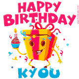 A vibrant and funny gift box character with a happy face dancing with a cupcake and the text 'Happy Birthday Kyou,' surrounded by animated confetti and party vibes.