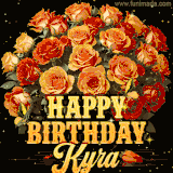 Animated bouquet of orange roses with moving butterfles and golden 'Happy Birthday Kyra' text, surrounded by sparkling accents and a dark backdrop for a luxurious feel.