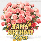 Golden 'Happy Birthday Kyra' text beneath a vibrant bouquet of orange roses, complete with glittering butterflies and sparkling details.