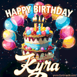 Bright birthday animation for Kyra with a chocolate cake, candles, balloons, and glowing celebratory lights.