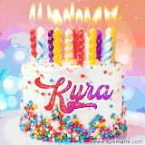 A cheerful white birthday cake with multicolor sprinkles, lit candles, and 'Kyra' written in vibrant letters, in an animated GIF.