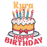 Cartoon birthday cake with a red bow, glowing candles, and 'Kyra Happy Birthday' text in bold animated style.