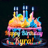 A mesmerizing animated cake with multicolor frosting and candles, and the words 'Happy Birthday Kyra' on the black background.
