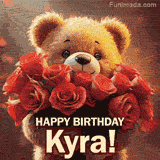 Cinematic style cute animated teddy bear with charming features holding a large bouquet of red roses, the words say 'Happy Birthday Kyra' in sans serif font.