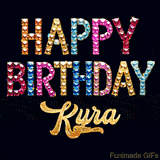 Vibrant luxury birthday greeting card for Kyra, showing glittering gemstone letters and golden calligraphy on a dark background with twinkling shine effects.