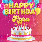 Pink-themed animated greeting with balloons, confetti, and a frosted cake under the message 'Happy Birthday Kyra' in bold rounded yellow font.