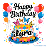An animated birthday card for Kyra. It features a festive cake with her name, 'Kyra', and colorful butterflies. Floating balloons and hearts complete the joyful scene.
