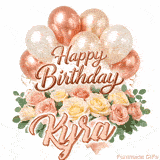 Elegant animated Happy Birthday Kyra image featuring soft pink roses and balloons