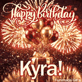 Cute gift box animation with Kyras name, decorated with a golden ribbon and shiny party balloons.