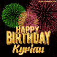 Wishing You A Happy Birthday, Kyrian! Best fireworks GIF animated greeting card.