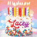 Personalized for Lacey elegant birthday cake adorned with rainbow sprinkles, colorful candles and glitter