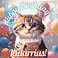 Happy birthday gif for Ladarrius with cat and cake