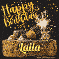 Celebrate Laila's birthday with a GIF featuring chocolate cake, a lit sparkler, and golden stars