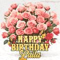 Birthday wishes to Laila with a charming GIF featuring pink roses, butterflies and golden quote