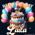 Hand-drawn happy birthday cake adorned with an arch of colorful balloons - name GIF for Laila