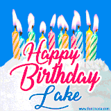 A cheerful animated GIF featuring colorful lit birthday candles on a white cake, with the text 'Happy Birthday Lake' in bold red and blue script on a bright blue background.