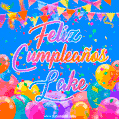 A vibrant animated GIF with 'Feliz Cumpleaños Lake' written in colorful script, surrounded by balloons, confetti, and bunting on a bright blue background.