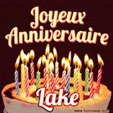 A Happy Birthday GIF in French featuring a festive birthday cake adorned with bright candles and the glowing text 'Joyeux Anniversaire Lake' in a cheerful style.