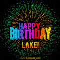 A colorful animated GIF featuring the text 'Happy Birthday Lake!' in rainbow colors with a dynamic iridescent firework display in the background.
