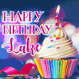 A festive animated GIF featuring a colorful cupcake with a single lit candle, sprinkles, and 'Happy Birthday Lake' text against a sparkling, celebratory background.