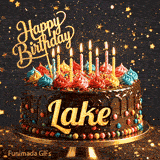 Shimmering gold stars in the background of a chocolate birthday cake with glowing candles, personalized with the name Lake.