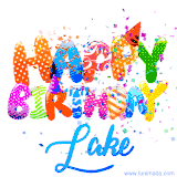 Animated GIF with colorful, festive 'Happy Birthday Lake' text decorated with patterns, a party hat, and falling confetti. A vibrant and cheerful design for birthday celebrations.