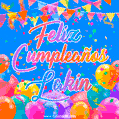 A vibrant animated GIF with 'Feliz Cumpleaños Lakin' written in colorful script, surrounded by balloons, confetti, and bunting on a bright blue background.
