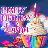 A festive animated GIF featuring a colorful cupcake with a single lit candle, sprinkles, and 'Happy Birthday Lakin' text against a sparkling, celebratory background.