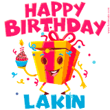 A funny animated birthday GIF with the words 'Happy Birthday Lakina', colorful gift box with arms and legs, holding a cupcake with a lit candle  with confetti everywhere.