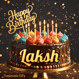 Golden lettering spelling Laksh on a rich chocolate birthday cake decorated with rainbow sprinkles.