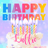 A vibrant animated name GIF with the words 'Happy Birthday Lallie' with colorful candles on a creamy cake. The background sparkles with pastel shades, adding a festive touch.